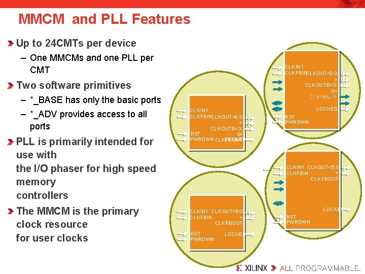 MMCM and PLL Features Up to 24 CMTs per device MMCME 2_AD V CLKIN