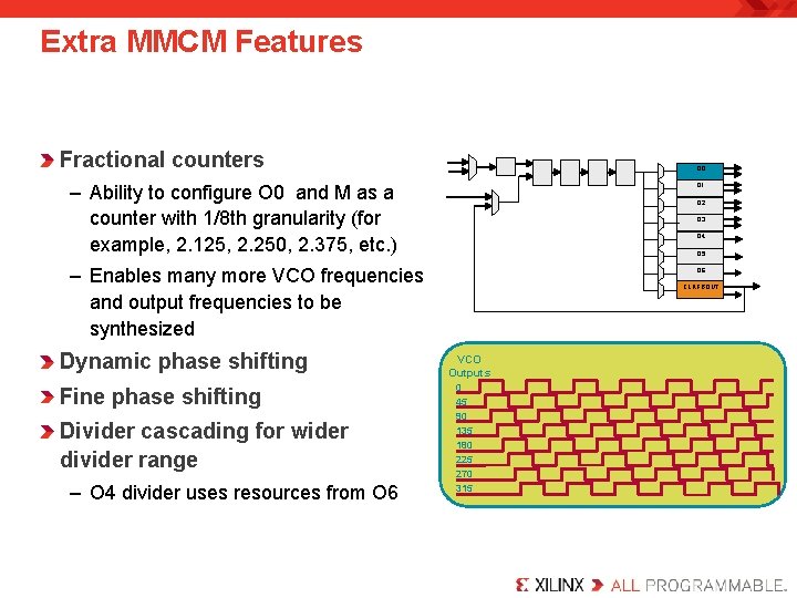Extra MMCM Features Fractional counters O 0 – Ability to configure O 0 and