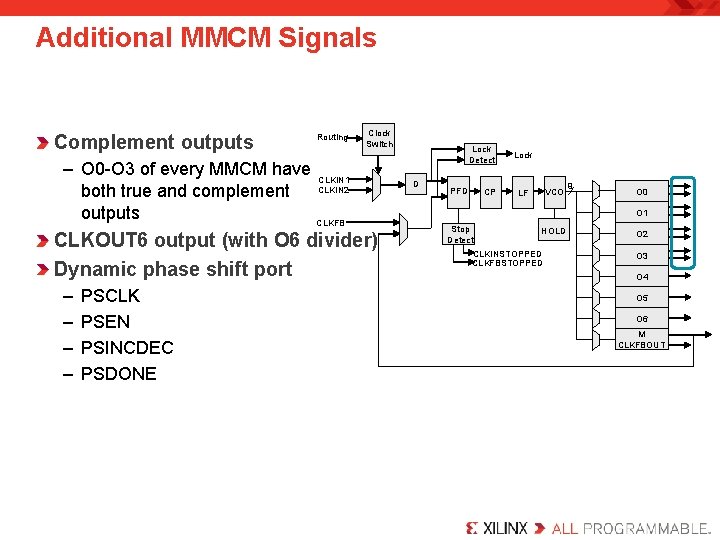 Additional MMCM Signals Complement outputs Routing Clock Switch – O 0 -O 3 of