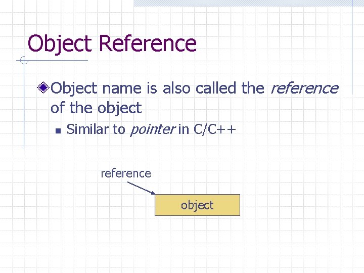 Object Reference Object name is also called the reference of the object n Similar