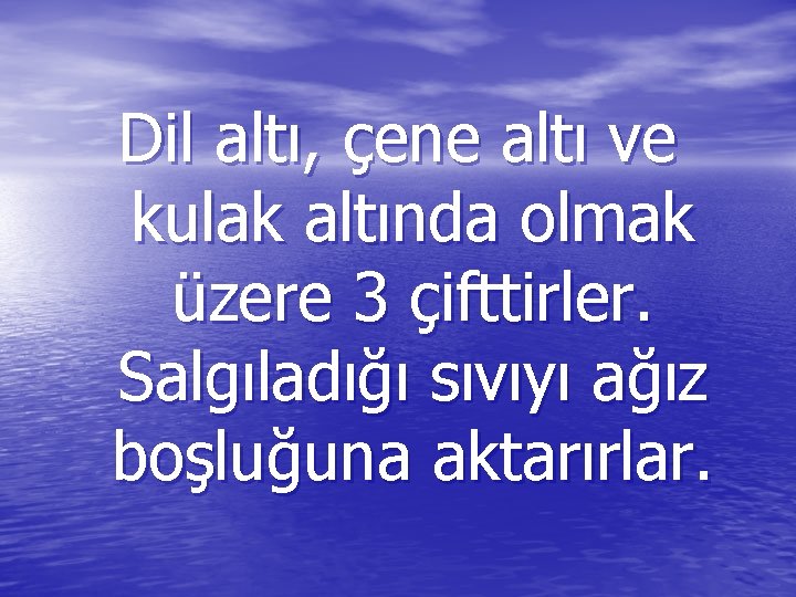 Dil altı, çene altı ve kulak altında olmak üzere 3 çifttirler. Salgıladığı sıvıyı ağız