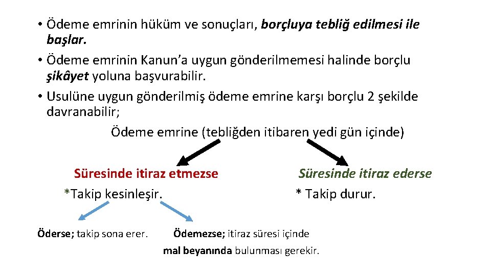  • Ödeme emrinin hüküm ve sonuçları, borçluya tebliğ edilmesi ile başlar. • Ödeme