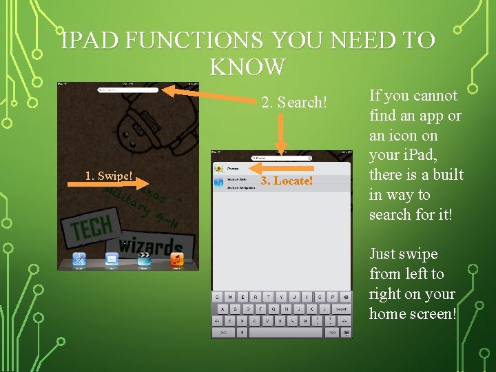 IPAD FUNCTIONS YOU NEED TO KNOW 2. Search! 1. Swipe! 3. Locate! If you