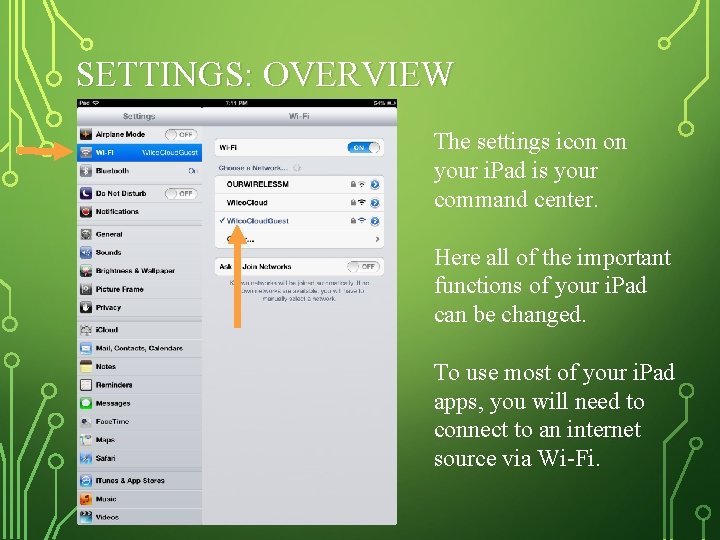 SETTINGS: OVERVIEW The settings icon on your i. Pad is your command center. Here