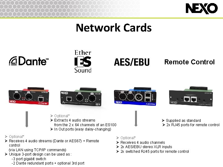 Network Cards Remote Control Ø Optional* Ø Extracts 4 audio streams from the 2