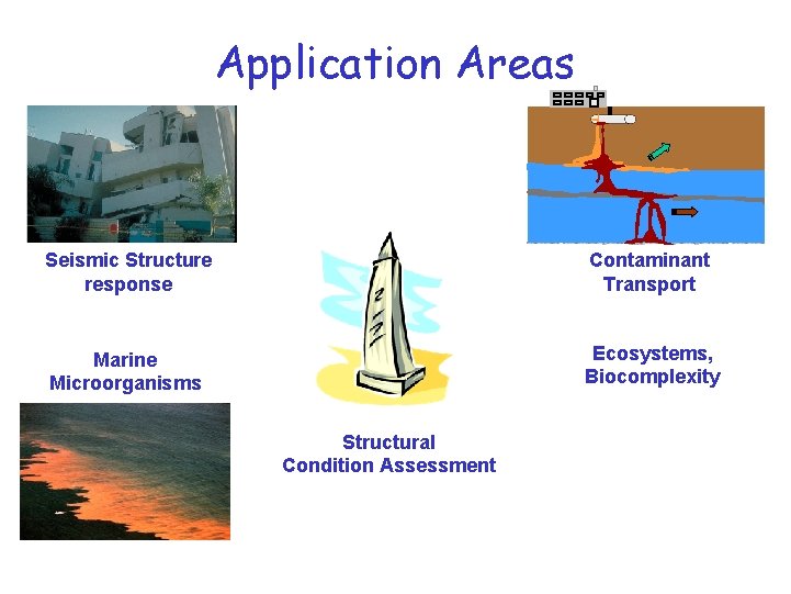 Application Areas Seismic Structure response Contaminant Transport Marine Microorganisms Ecosystems, Biocomplexity Structural Condition Assessment