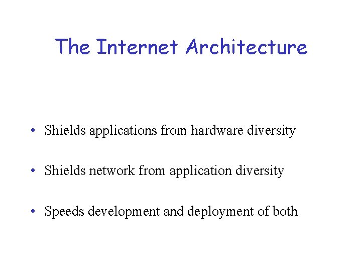 The Internet Architecture • Shields applications from hardware diversity • Shields network from application