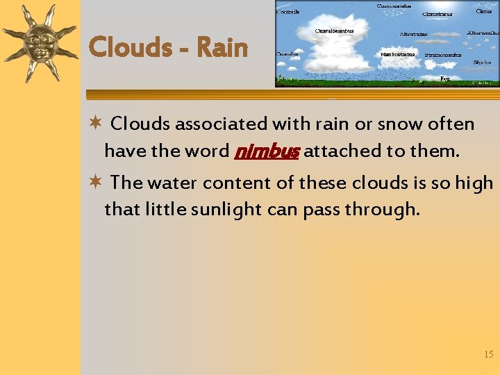 Clouds - Rain Clouds associated with rain or snow often have the word nimbus