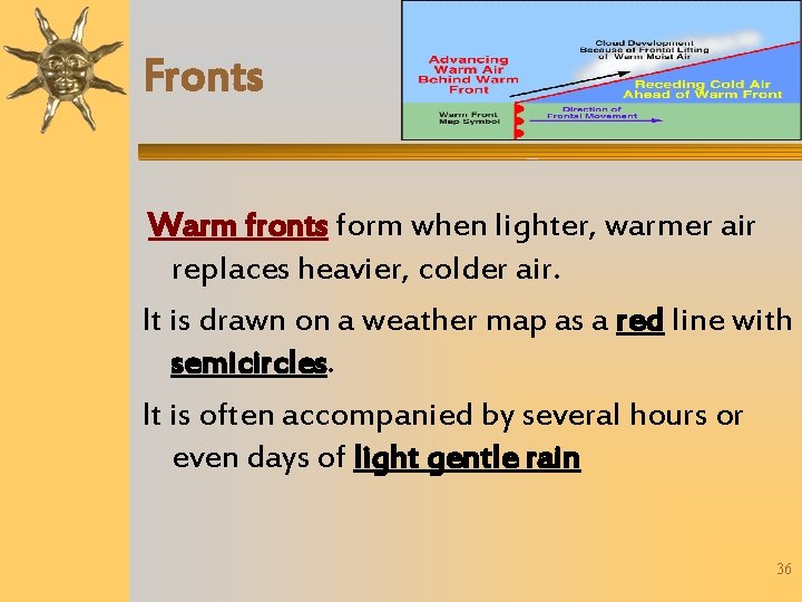 Fronts Warm fronts form when lighter, warmer air replaces heavier, colder air. It is