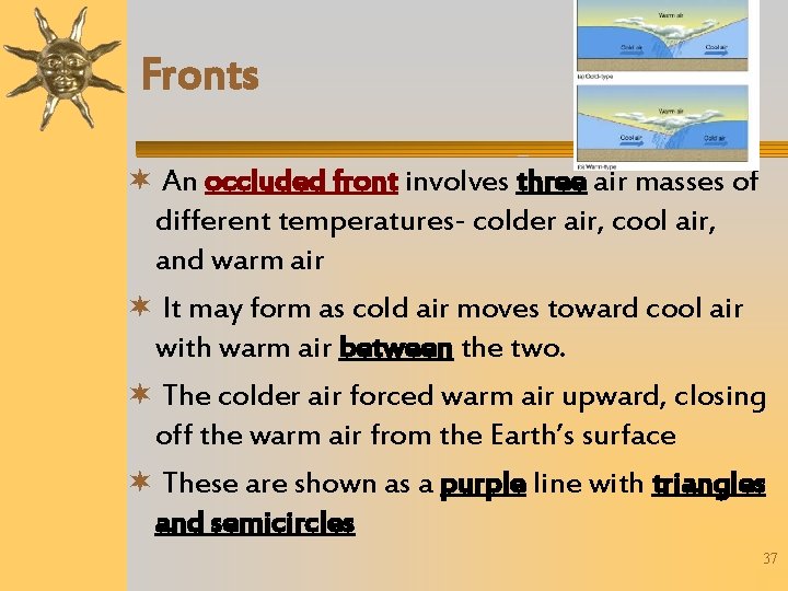 Fronts An occluded front involves three air masses of different temperatures- colder air, cool