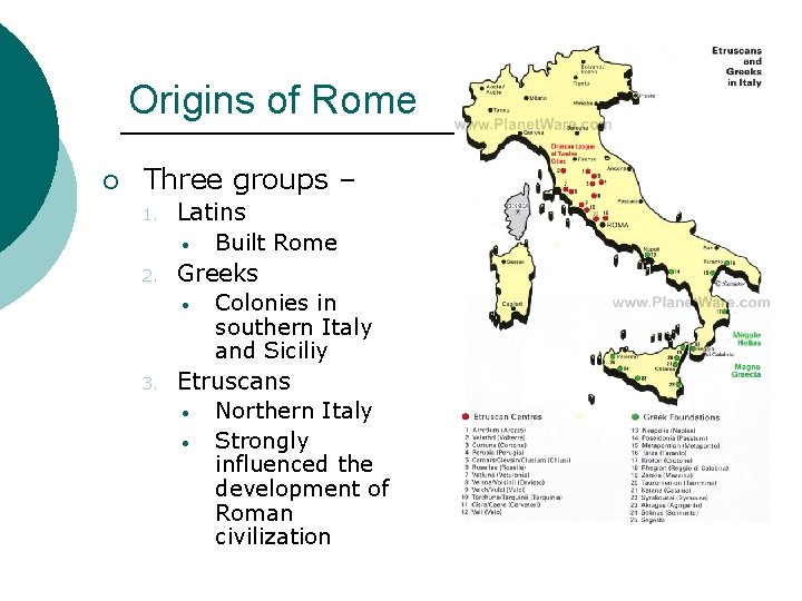 Origins of Rome ¡ Three groups – 1. 2. 3. Latins • Built Rome