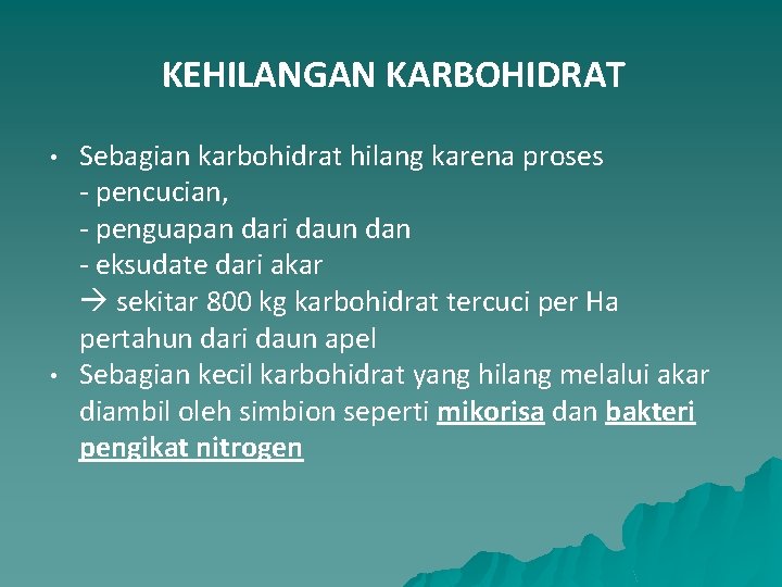 KEHILANGAN KARBOHIDRAT • • Sebagian karbohidrat hilang karena proses pencucian, penguapan dari daun dan