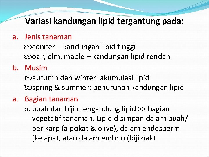 Variasi kandungan lipid tergantung pada: a. Jenis tanaman conifer – kandungan lipid tinggi oak,