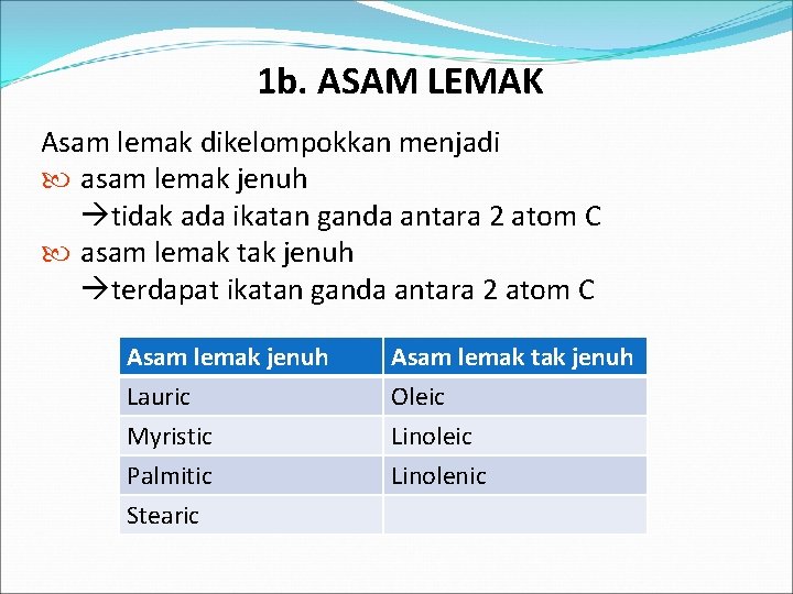 1 b. ASAM LEMAK Asam lemak dikelompokkan menjadi asam lemak jenuh tidak ada ikatan
