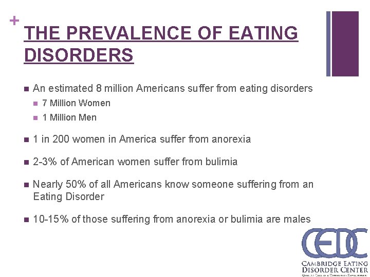 + THE PREVALENCE OF EATING DISORDERS n An estimated 8 million Americans suffer from