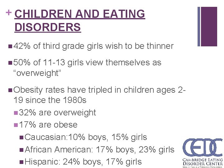 + CHILDREN AND EATING DISORDERS n 42% of third grade girls wish to be