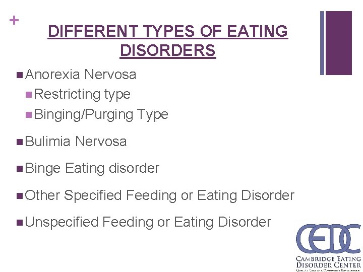 + DIFFERENT TYPES OF EATING DISORDERS n Anorexia Nervosa n Restricting type n Binging/Purging