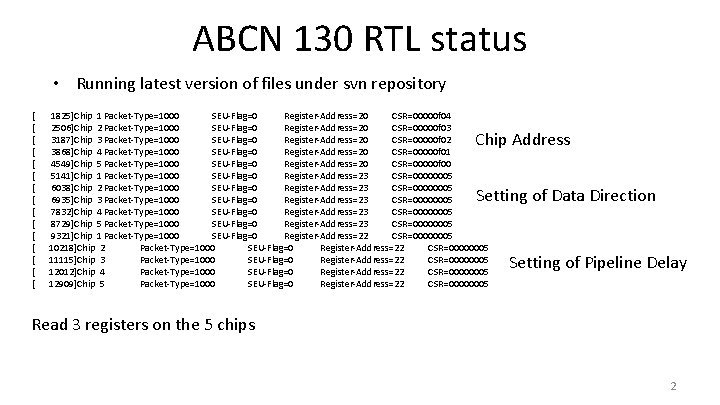 ABCN 130 RTL status • Running latest version of files under svn repository [