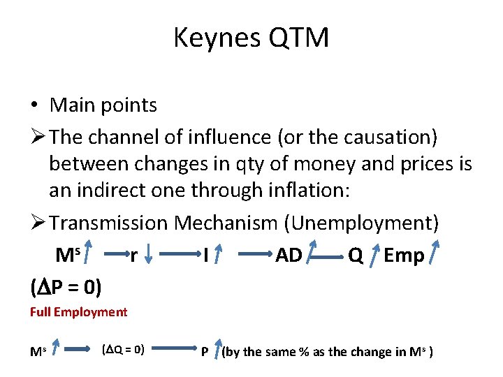Keynes QTM • Main points Ø The channel of influence (or the causation) between