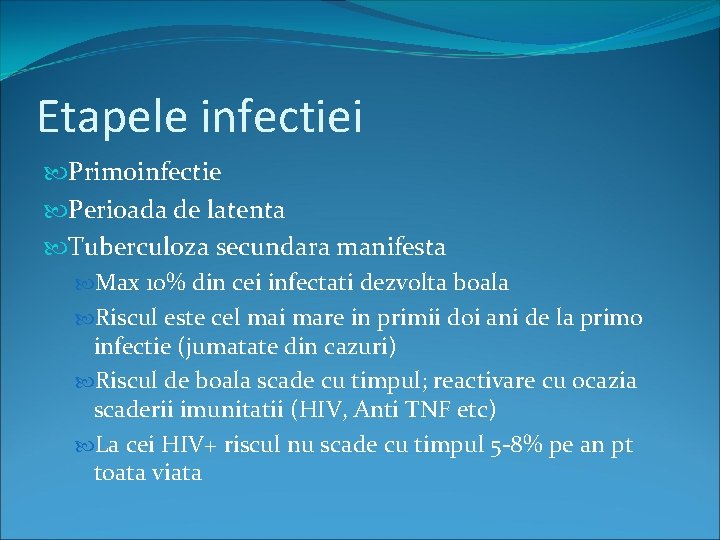 Etapele infectiei Primoinfectie Perioada de latenta Tuberculoza secundara manifesta Max 10% din cei infectati