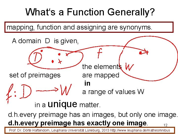 What‘s a Function Generally? mapping, function and assigning are synonyms. A domain D is