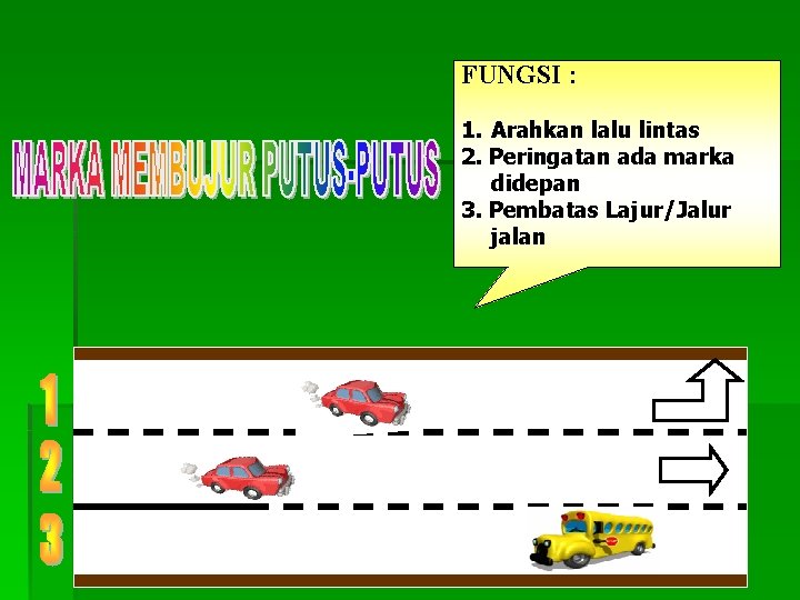 FUNGSI : 1. Arahkan lalu lintas 2. Peringatan ada marka didepan 3. Pembatas Lajur/Jalur