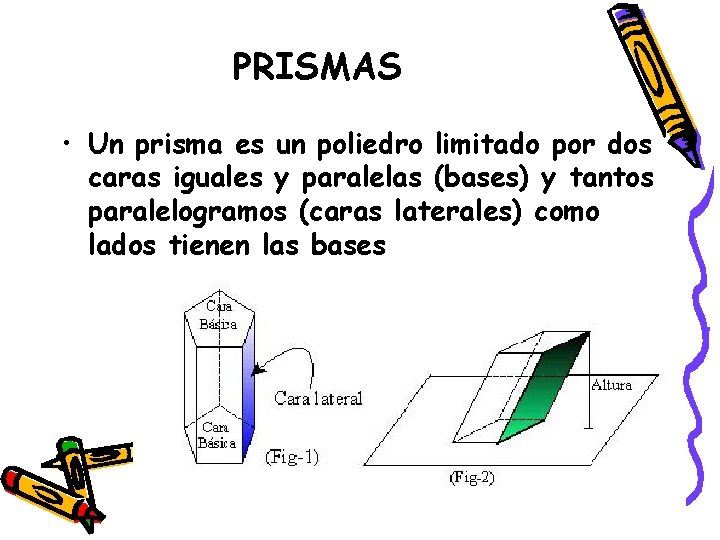 PRISMAS • Un prisma es un poliedro limitado por dos caras iguales y paralelas