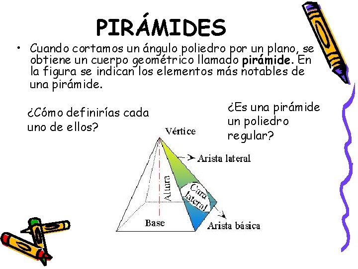 PIRÁMIDES • Cuando cortamos un ángulo poliedro por un plano, se obtiene un cuerpo