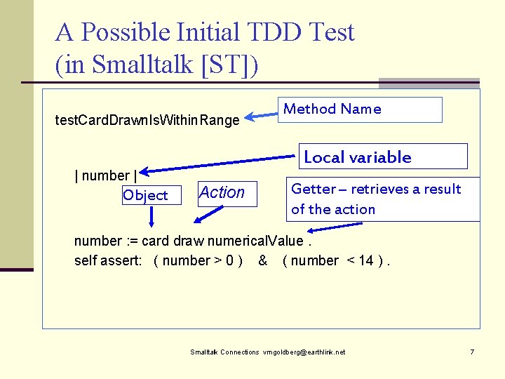 A Possible Initial TDD Test (in Smalltalk [ST]) test. Card. Drawn. Is. Within. Range