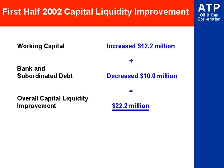 First Half 2002 Capital Liquidity Improvement Working Capital Increased $12. 2 million + Bank