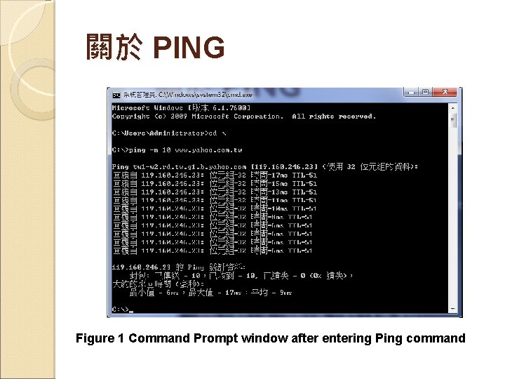 關於 PING Figure 1 Command Prompt window after entering Ping command 