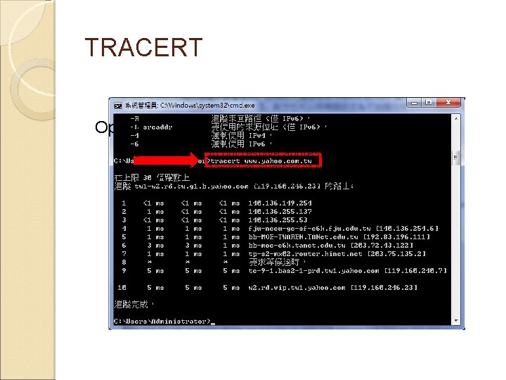 TRACERT Option: -d Do not resolve addresses to hostnames. -h maximum Maximum number of