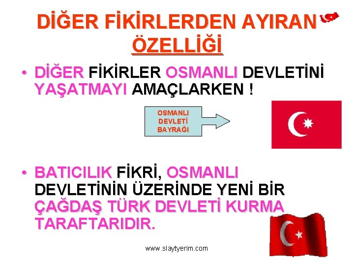 DİĞER FİKİRLERDEN AYIRAN ÖZELLİĞİ • DİĞER FİKİRLER OSMANLI DEVLETİNİ YAŞATMAYI AMAÇLARKEN ! OSMANLI DEVLETİ