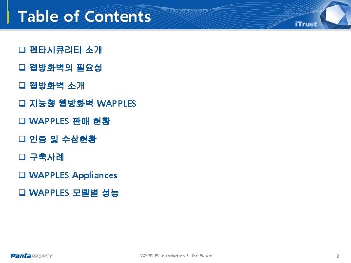 Table of Contents q 펜타시큐리티 소개 q 웹방화벽의 필요성 q 웹방화벽 소개 q 지능형
