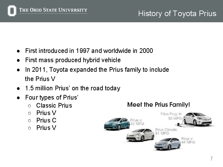 History of Toyota Prius ● First introduced in 1997 and worldwide in 2000 ●