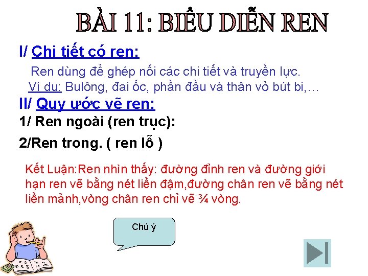 I/ Chi tiết có ren: Ren dùng để ghép nối các chi tiết và