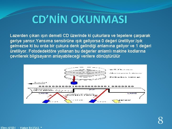 CD’NİN OKUNMASI Lazerden çıkan ışın demeti CD üzerinde ki çukurlara ve tepelere çarparak geriye