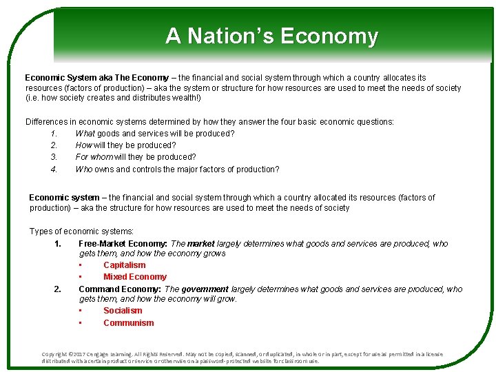 A Nation’s Economy Economic System aka The Economy – the financial and social system