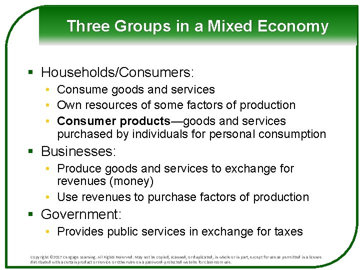 Three Groups in a Mixed Economy § Households/Consumers: • Consume goods and services •