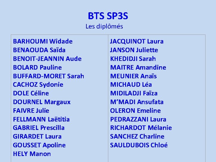 BTS SP 3 S Les diplômés BARHOUMI Widade BENAOUDA Saïda BENOIT-JEANNIN Aude BOLARD Pauline