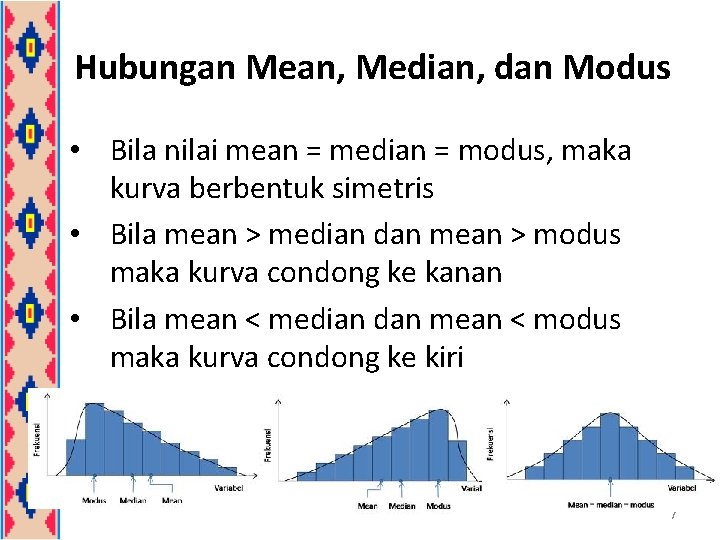 Hubungan Mean, Median, dan Modus • Bila nilai mean = median = modus, maka
