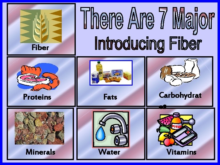 Fiber Proteins Minerals Fats Carbohydrat es Water Vitamins 
