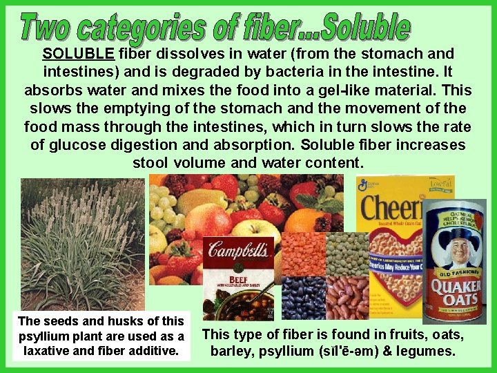 SOLUBLE fiber dissolves in water (from the stomach and intestines) and is degraded by