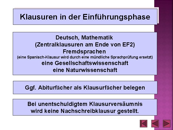 Klausuren in der Einführungsphase Deutsch, Mathematik (Zentralklausuren am Ende von EF 2) Fremdsprachen (eine Klausuren in der Einführungsphase Deutsch, Mathematik (Zentralklausuren am Ende von EF 2) Fremdsprachen (eine