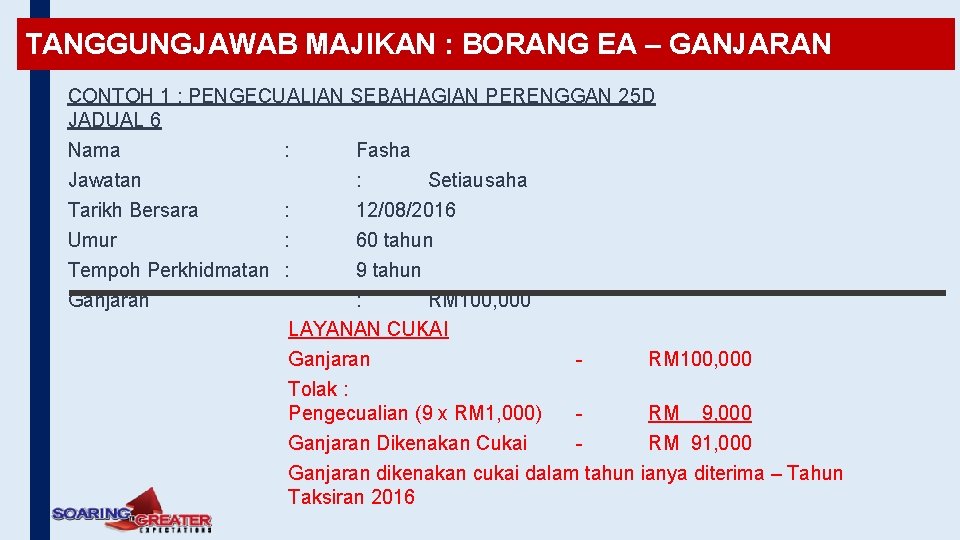 TANGGUNGJAWAB MAJIKAN : BORANG EA – GANJARAN CONTOH 1 : PENGECUALIAN SEBAHAGIAN PERENGGAN 25