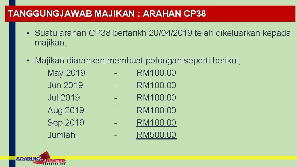 TANGGUNGJAWAB MAJIKAN : ARAHAN CP 38 • Suatu arahan CP 38 bertarikh 20/04/2019 telah