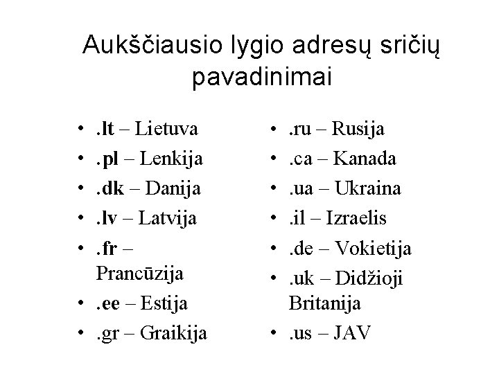 Aukščiausio lygio adresų sričių pavadinimai • • • . lt – Lietuva. pl –