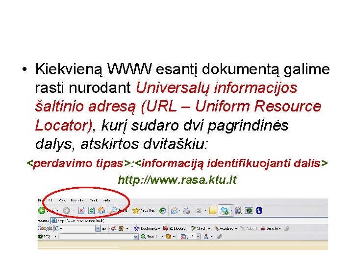  • Kiekvieną WWW esantį dokumentą galime rasti nurodant Universalų informacijos šaltinio adresą (URL