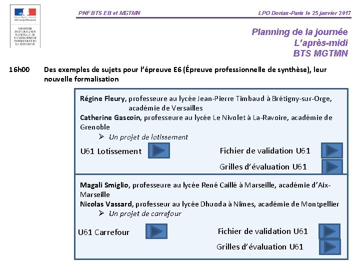 PNF BTS EB et MGTMN LPO Dorian-Paris le 25 janvier 2017 Planning de la
