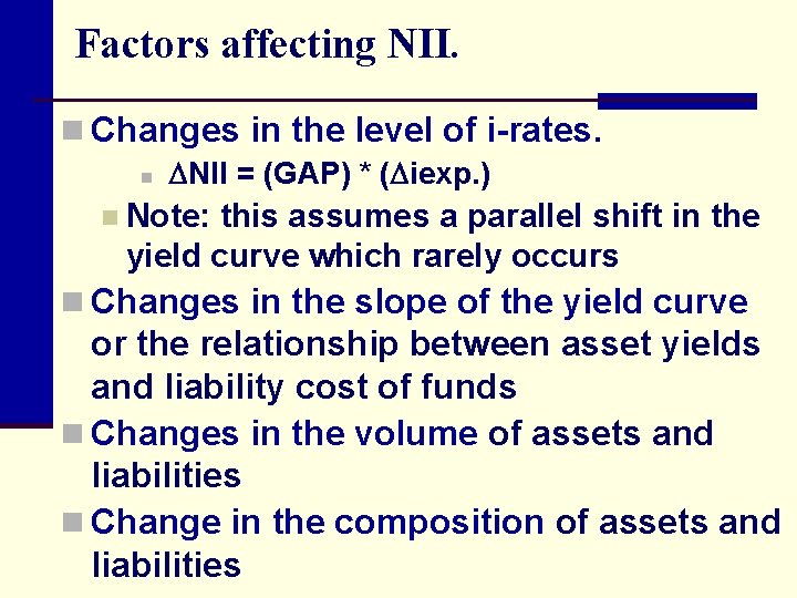 Factors affecting NII. n Changes in the level of i-rates. n NII = (GAP)